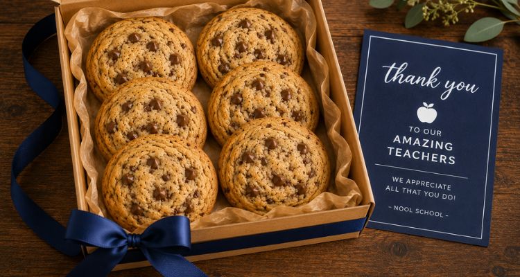 Teacher thank-you treat box with cookies and a note card